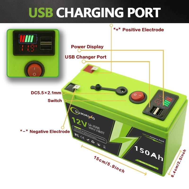 LiFePO4 12V 150Ah Rechargeable Lithium Battery with USB Power Display Multi-Use Backup Power Supply