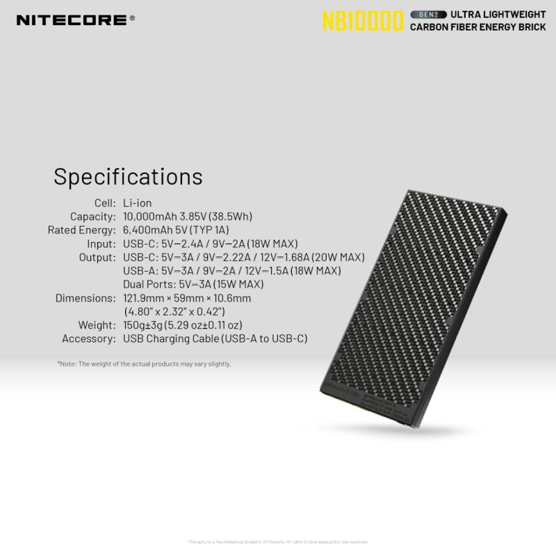 Nitecore NB10000 GEN II Quick Charge Dual-Output Type-C USB 10000mAh Power Bank