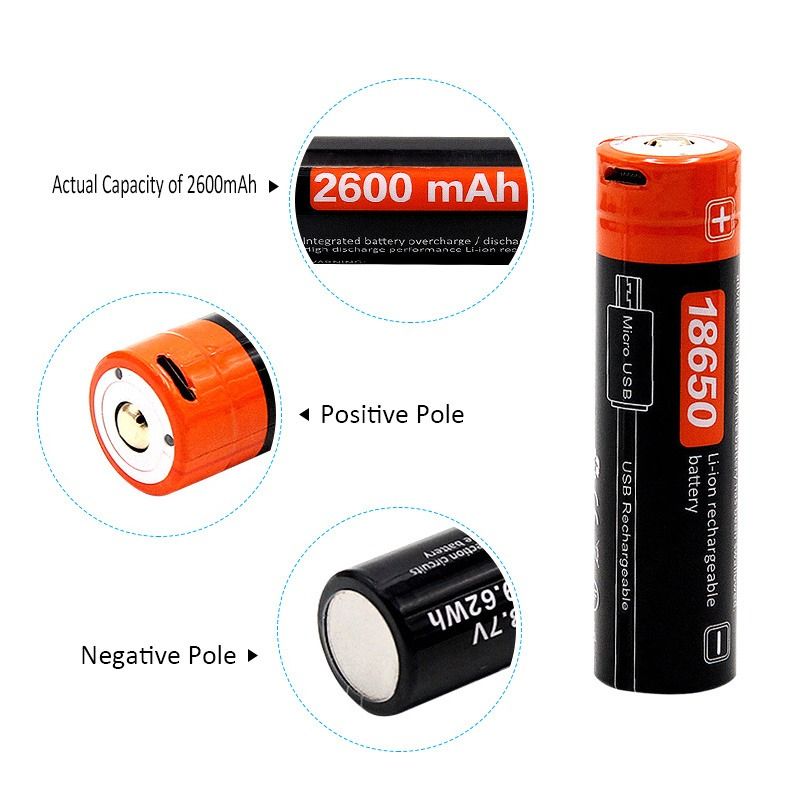 NiteBeam 18650 2600mAh 3.7V USB Rechargeable Li-ion Battery