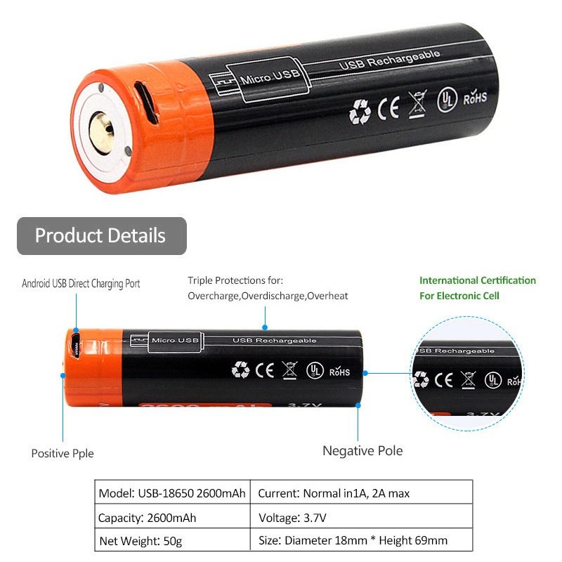NiteBeam 18650 2600mAh 3.7V USB Rechargeable Li-ion Battery