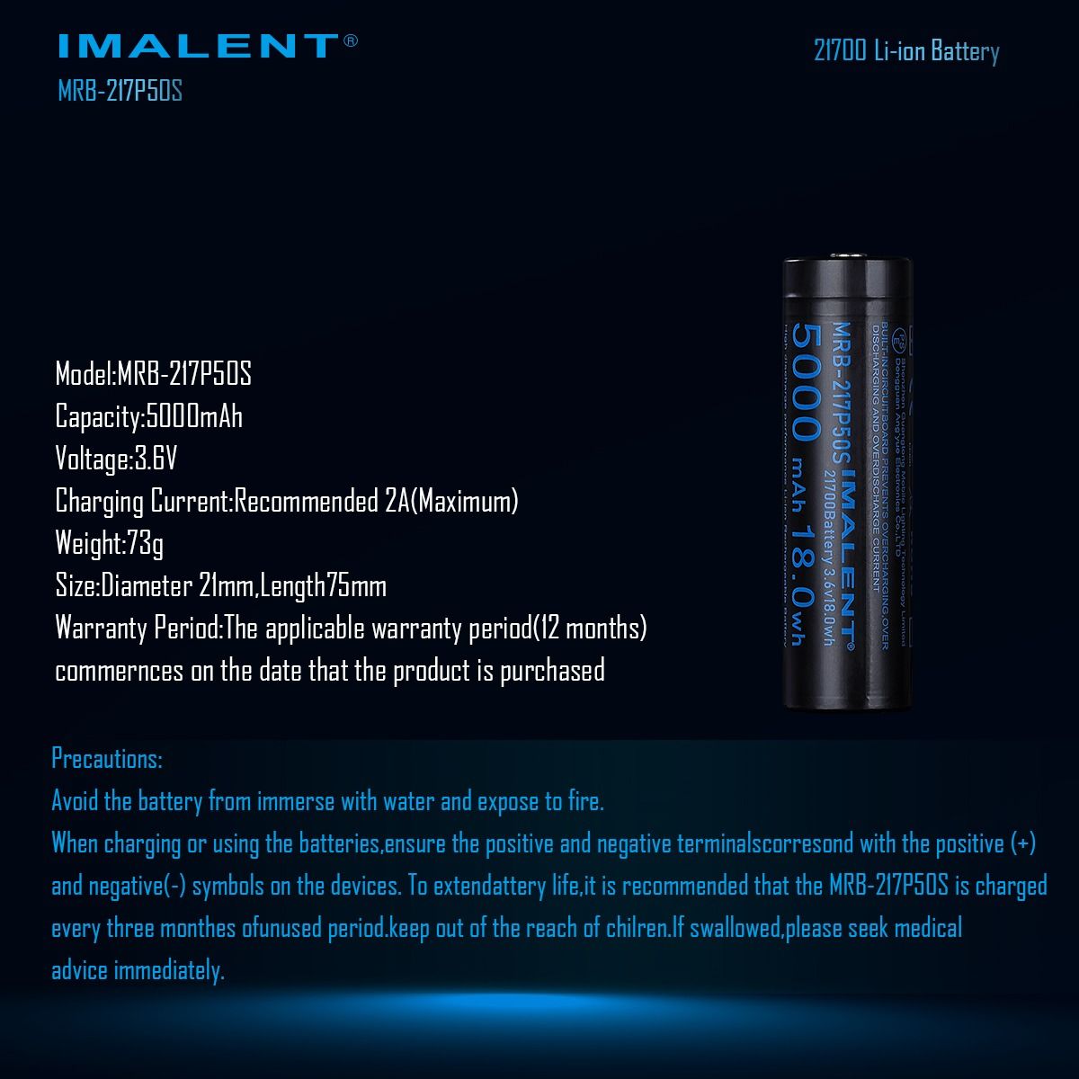 IMALENT MRB-217P50S 21700 5000MAH 3.6V rechargeable Battery 