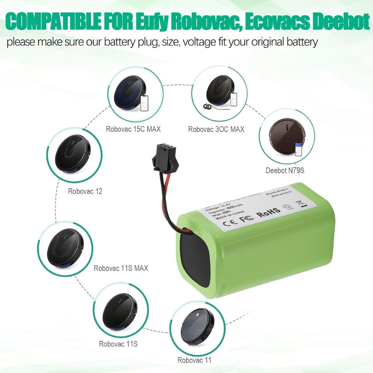 4800mAh N79 14.4V Battery for Eufy RoboVac 11 11S 30 15C 25C 35C Robot Vacuum Cleaner for Ecovacs Deebot N79 N79S Deebot 500 600 DN622, Goovi F007C D380 Robot Vacuum Cleaner Battery