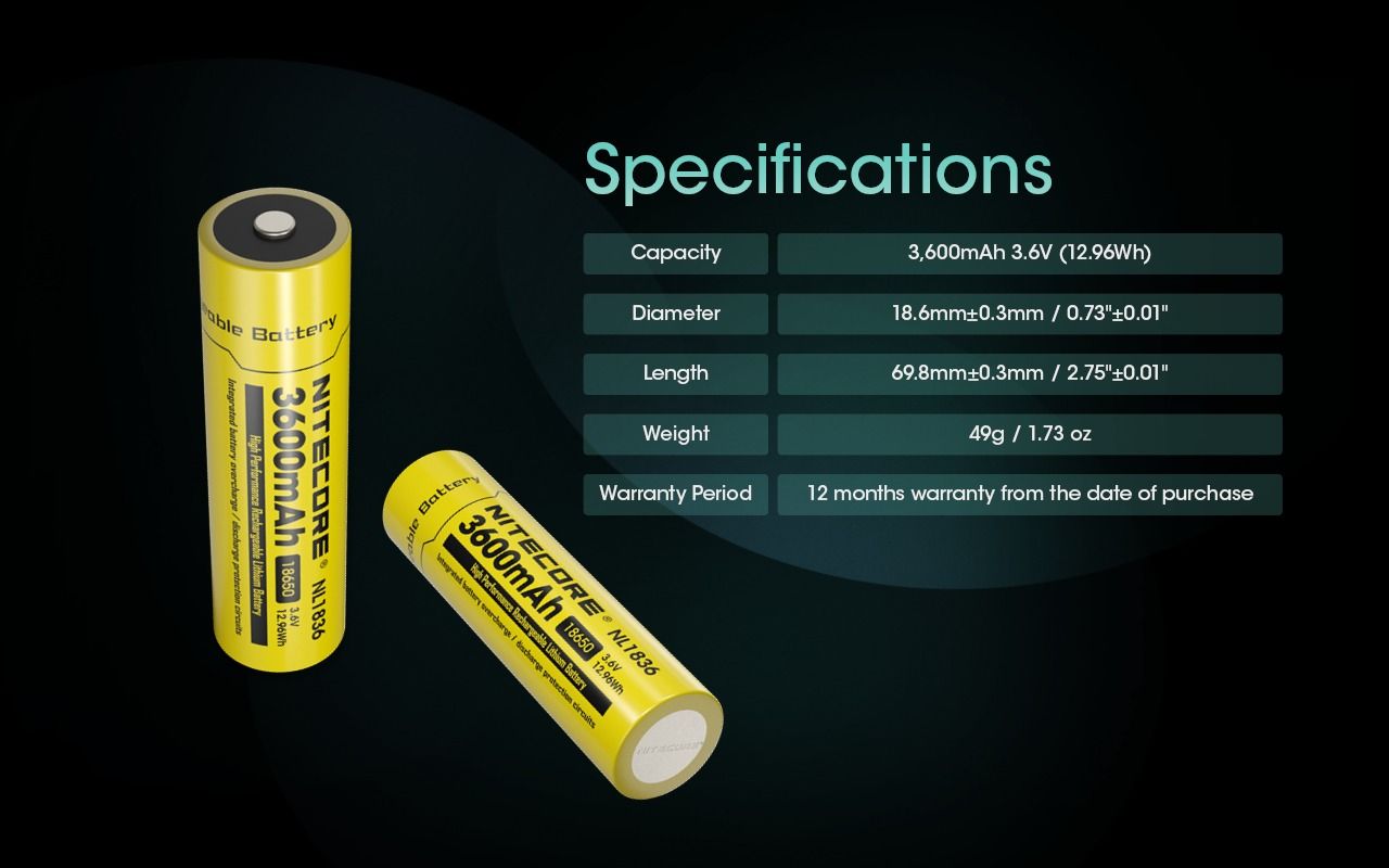 Nitecore Batteries NL1836 3.6V 3600mAh Rechargeable Battery