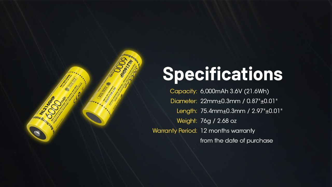 Nitecore NL2160HP 6000mAh Rechargeable 21700 Battery High Performance Batteries