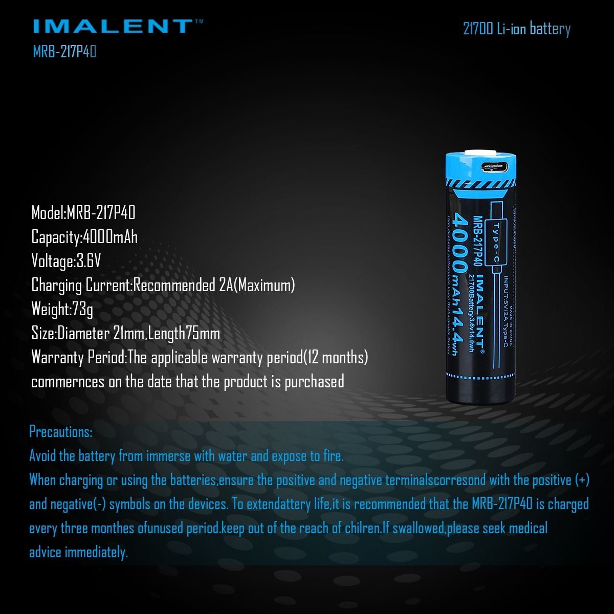 IMALENT MRB-217P40 21700 Battery 4000mAh Type-C Rechargeable High Capacity Battery