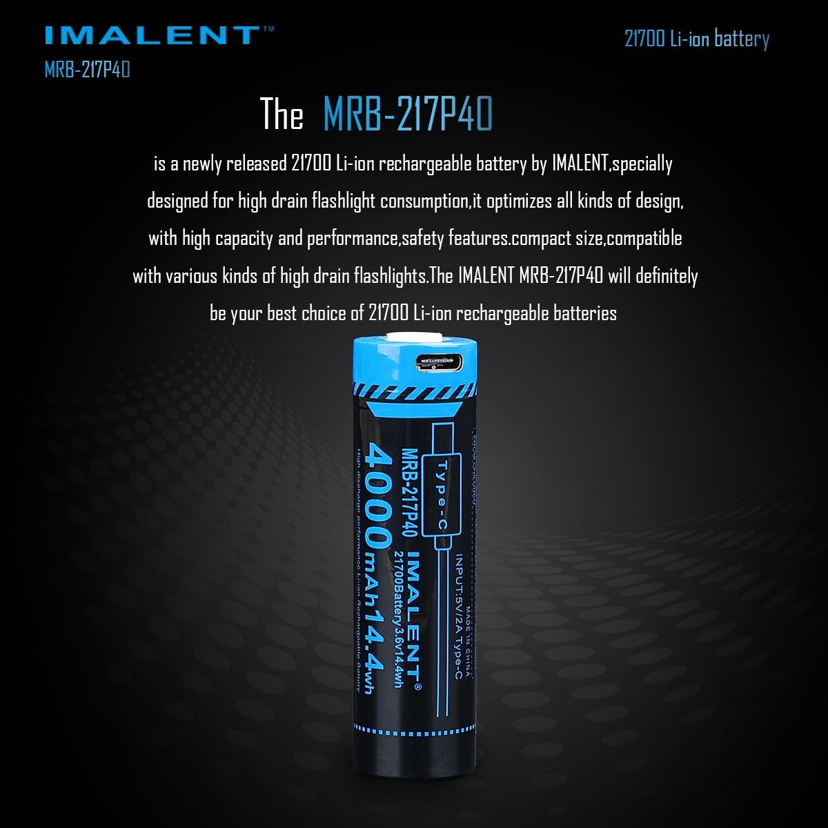 IMALENT MRB-217P40 21700 Battery 4000mAh Type-C Rechargeable High Capacity Battery