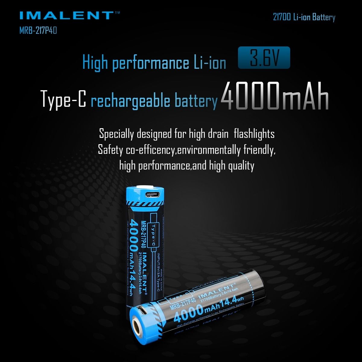 IMALENT MRB-217P40 21700 Battery 4000mAh Type-C Rechargeable High Capacity Battery