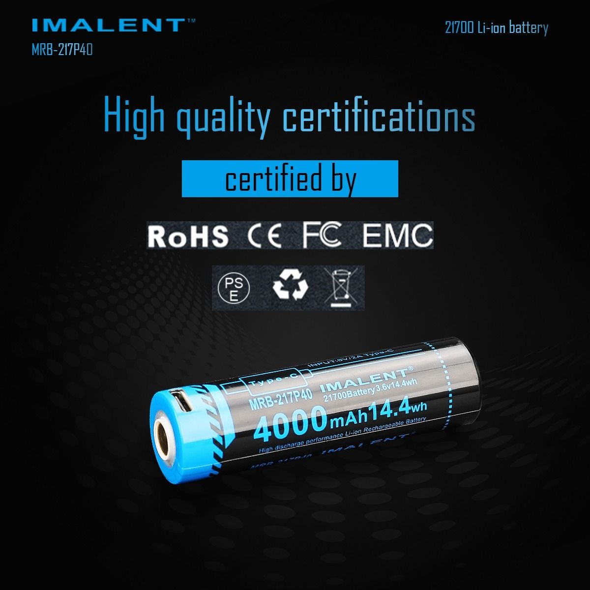 IMALENT MRB-217P40 21700 Battery 4000mAh Type-C Rechargeable High Capacity Battery