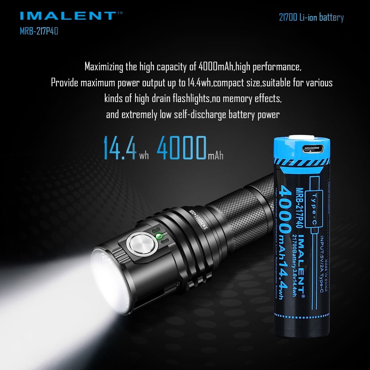IMALENT MRB-217P40 21700 Battery 4000mAh Type-C Rechargeable High Capacity Battery