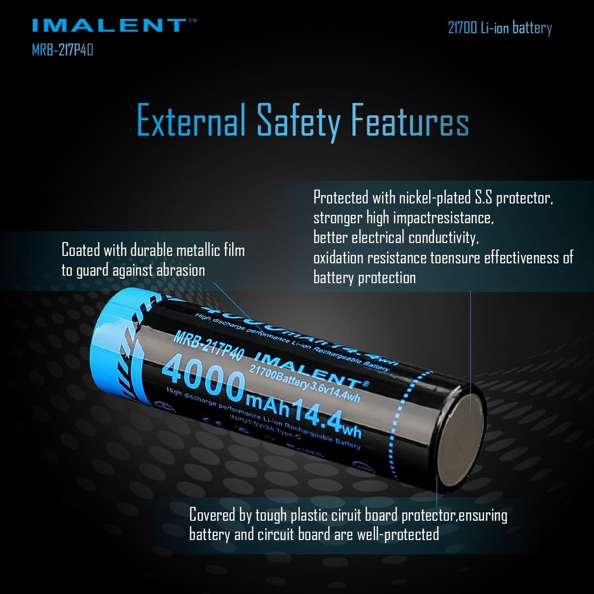 IMALENT MRB-217P40 21700 Battery 4000mAh Type-C Rechargeable High Capacity Battery