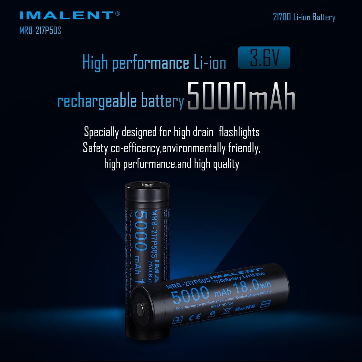 IMALENT MRB-217P50S 21700 5000MAH 3.6V rechargeable Battery 