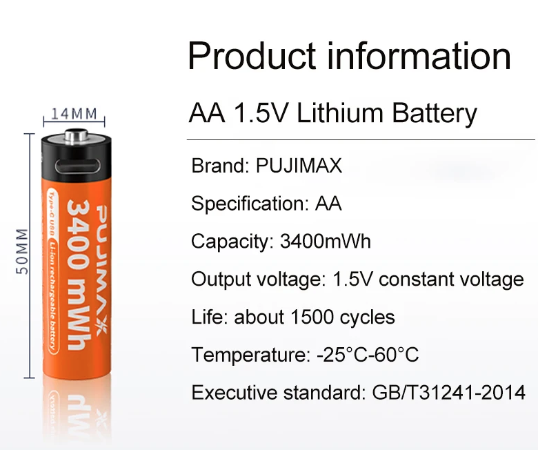 PUJIMAX 1.5V AA Rechargeable Lithium Battery 3400mWh, Type-C Port AA Charging Battery