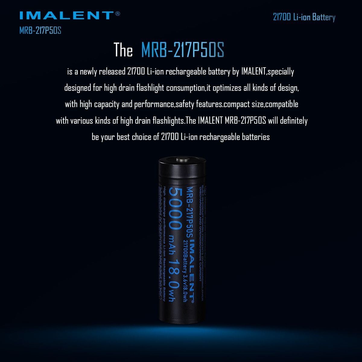IMALENT MRB-217P50S 21700 5000MAH 3.6V rechargeable Battery 