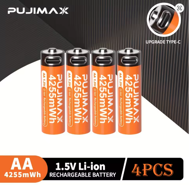 4225mWh Rechargeable Lithium AA Batteries 4 Pack, 1.5V USB Double A Lithium-ion Battery AA Size