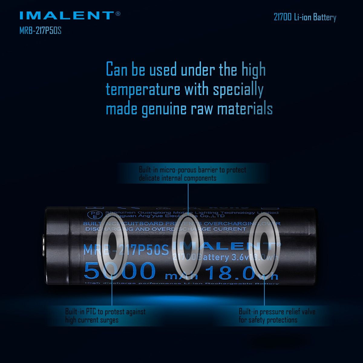 IMALENT MRB-217P50S 21700 5000MAH 3.6V rechargeable Battery 