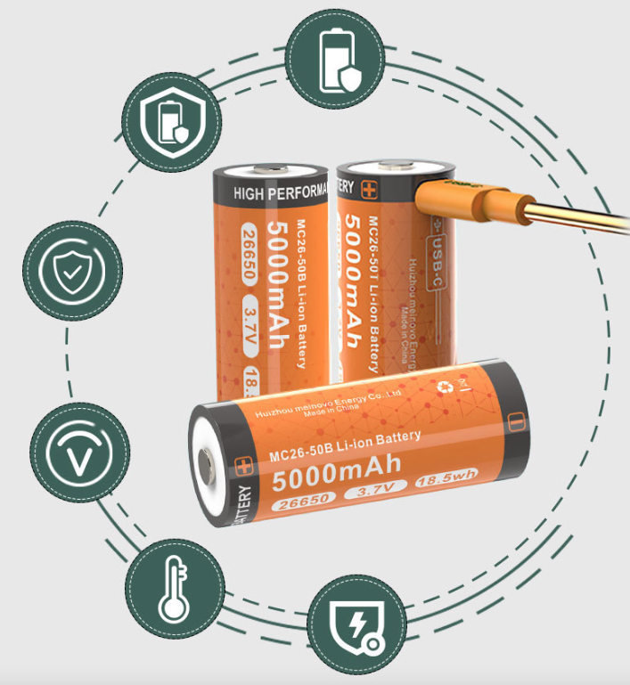 26650 lithium battery MC26-50T USB-C 5000mAh rechargeable battery 